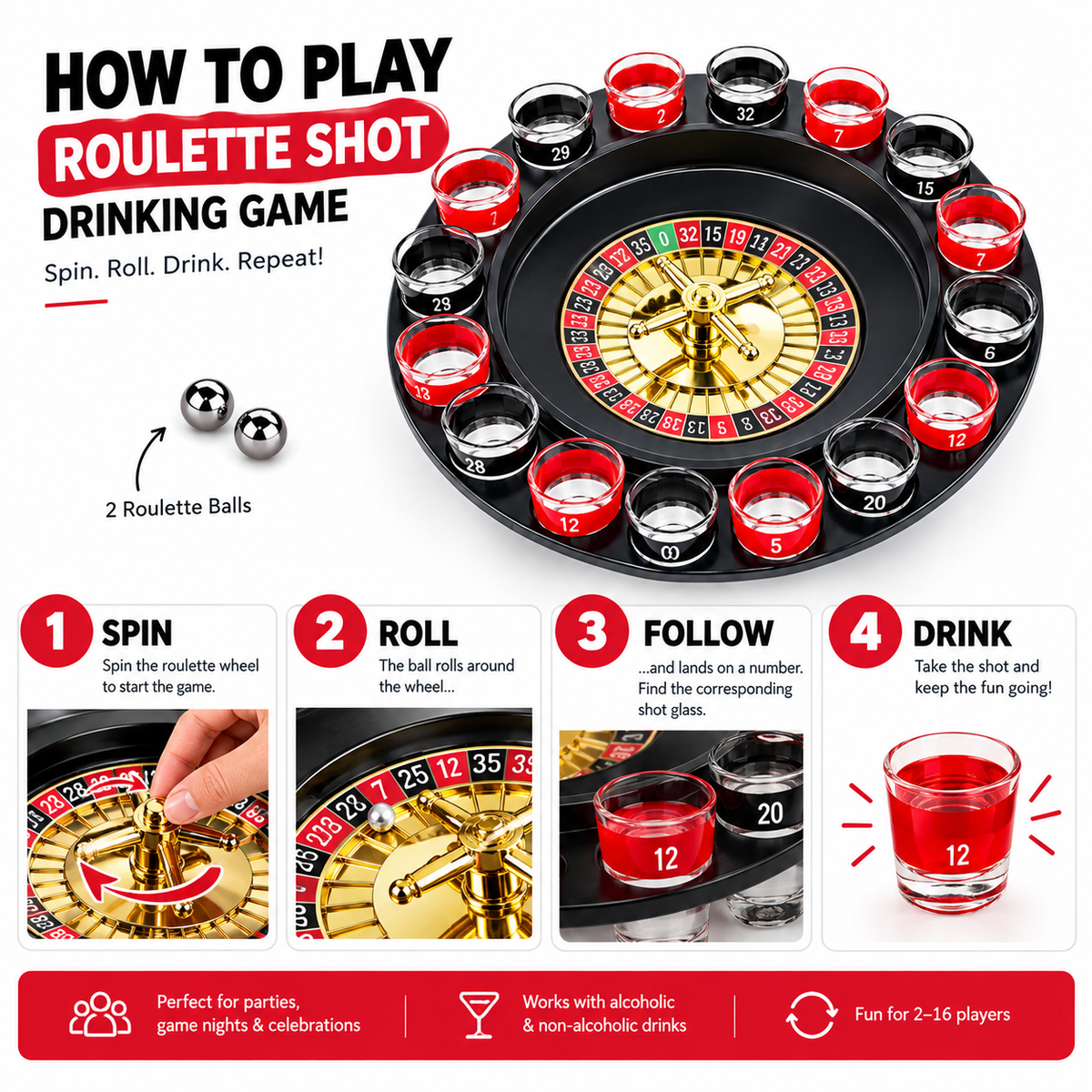 Roulette Shot Drinking Game – 16-Piece Shot Glass Set